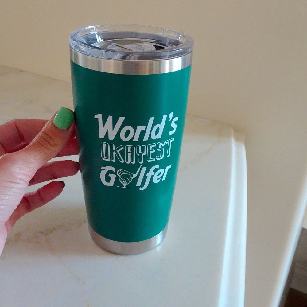 World's Okayest Golfer Forest Green Tumbler w/ Metal Straw 20 oz - Gift For Him - Picture 3 of 5
